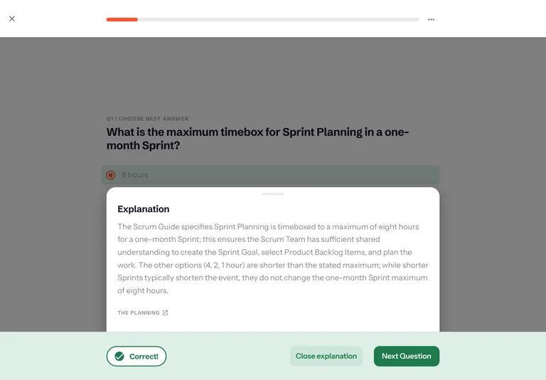 A Pretty Scrum explanation on iPad explaining the correct answer with a Scrum Guide reference.