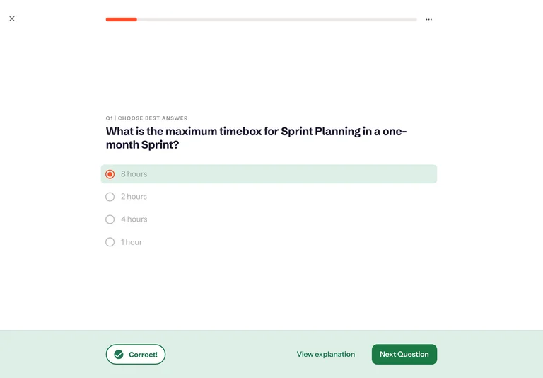 A Pretty Scrum quiz on iPad showing a correct answer and instant feedback.