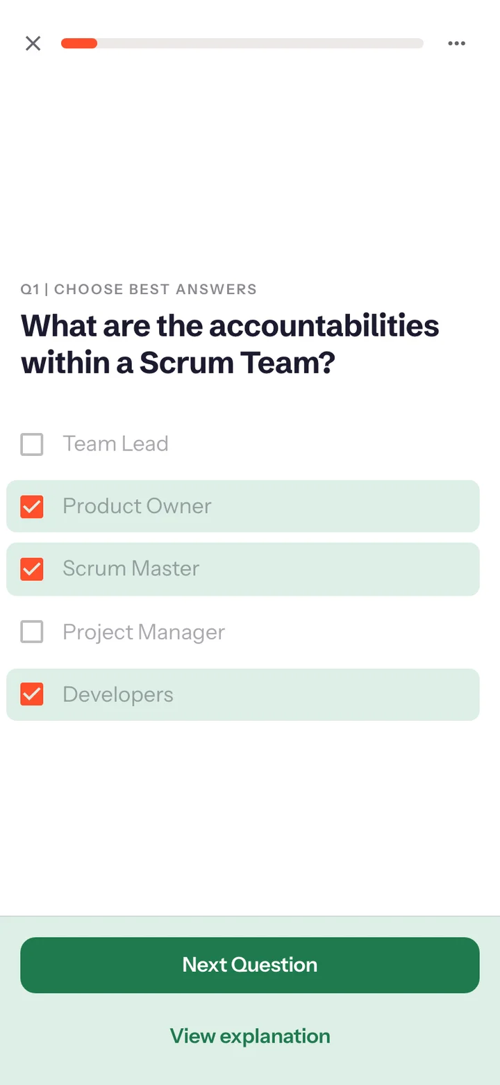A correctly answered Pretty Scrum practice question on iPhone.