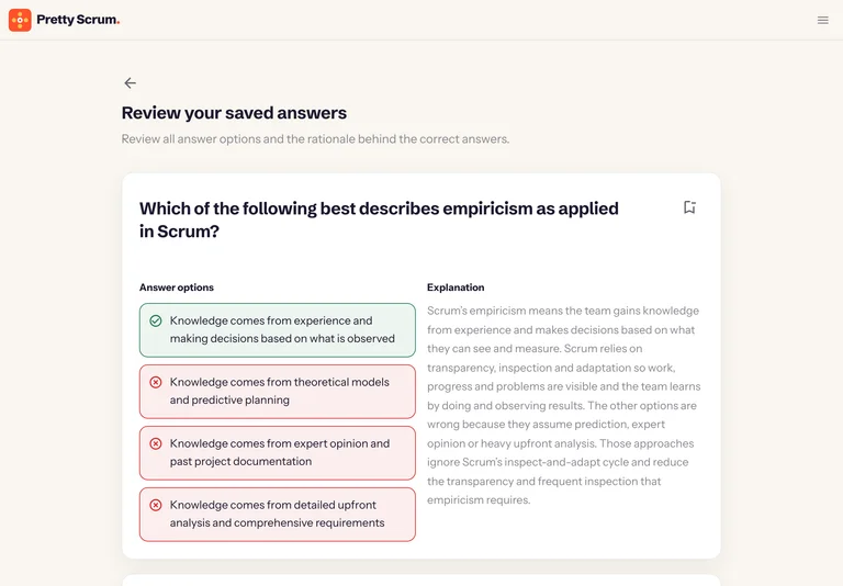 A Pretty Scrum bookmarked-questions review page on iPad.