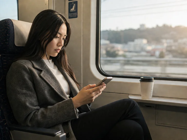 A woman studying on a train using Pretty Scrum on her tablet.